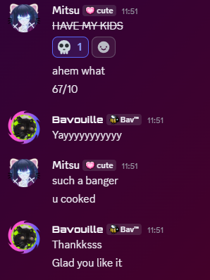 Discord review from Mitsu: 67/10, such a banger, u cooked